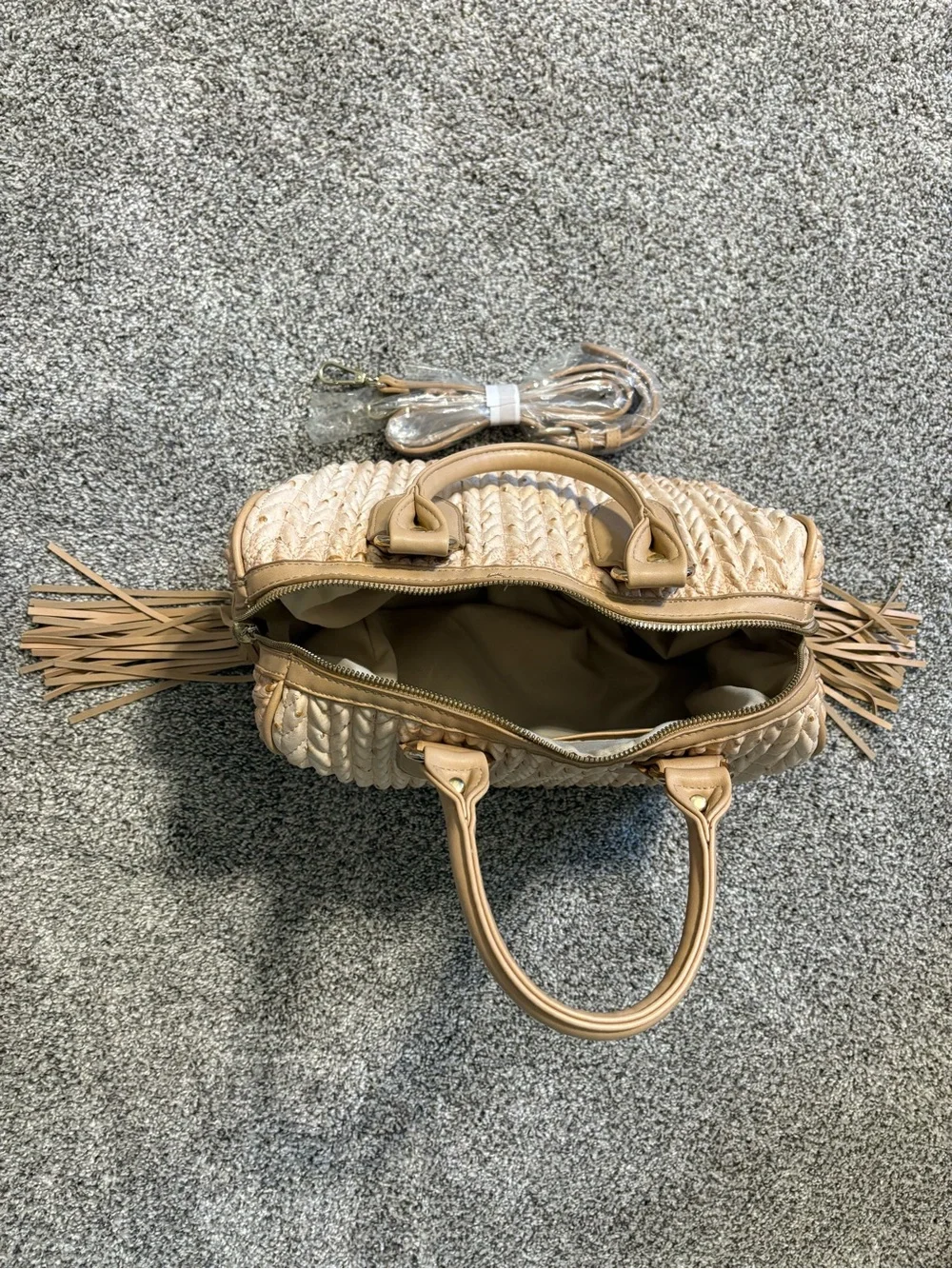 Cream Braided Satchel Handbag with Tan Trim